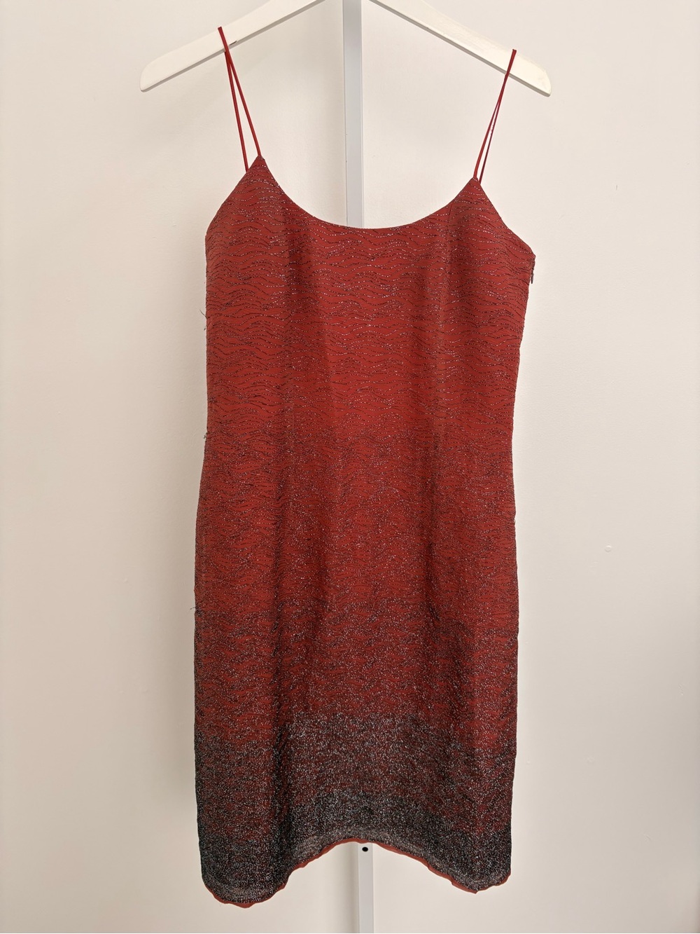 Sonja Kiefer- Sparkle Red Ombre Slip Mini Dress with Double Spaghetti Straps